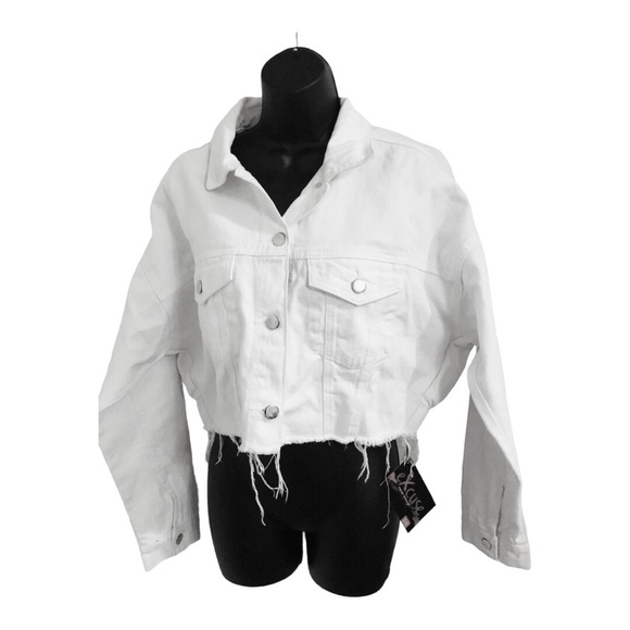 White denim crop distressed shredded frayed hem bomber jean jacket‎ size medium - Picture 1 of 14